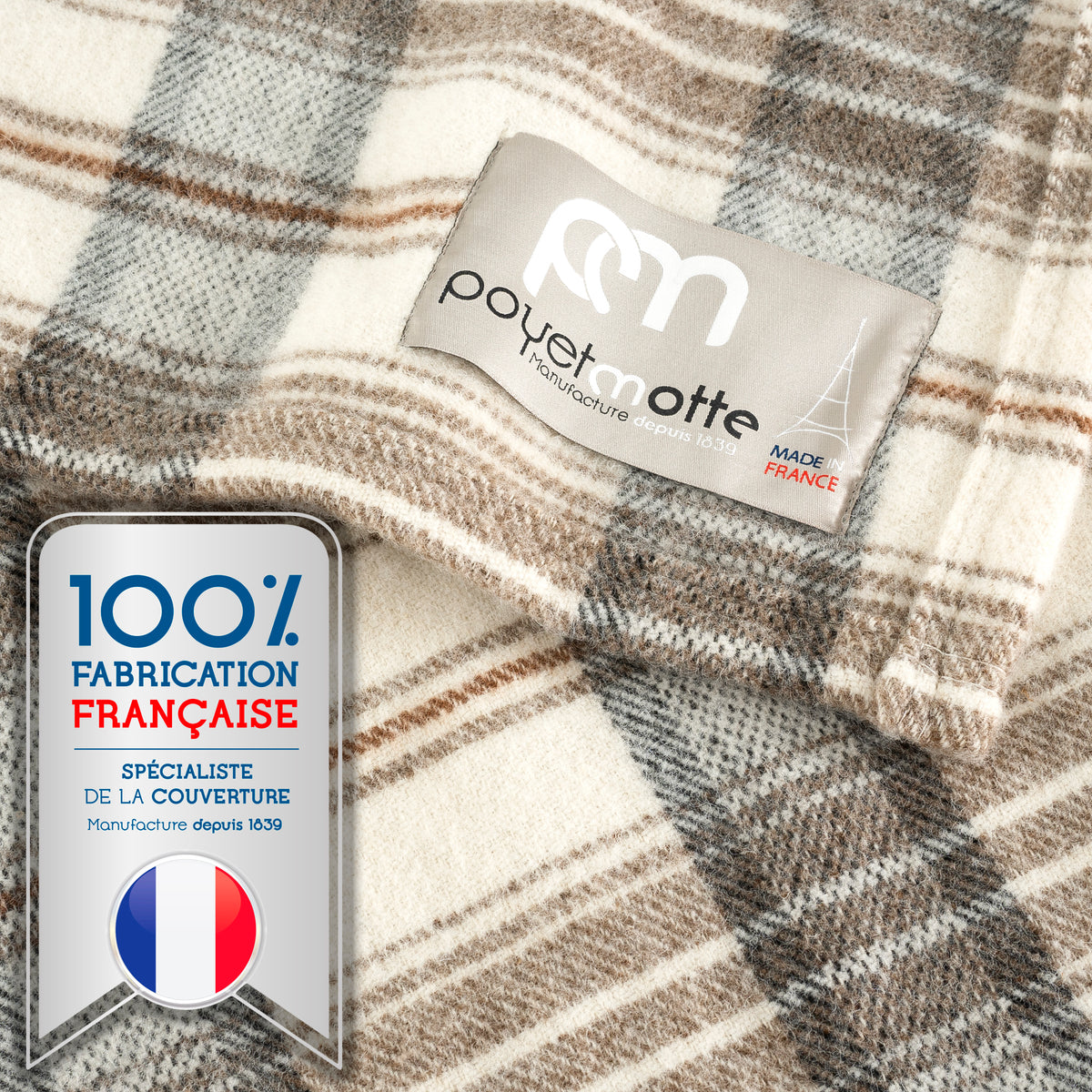 Tahoe wool-blanket-450gsm- Taupe -poyet motte-tag-made in France