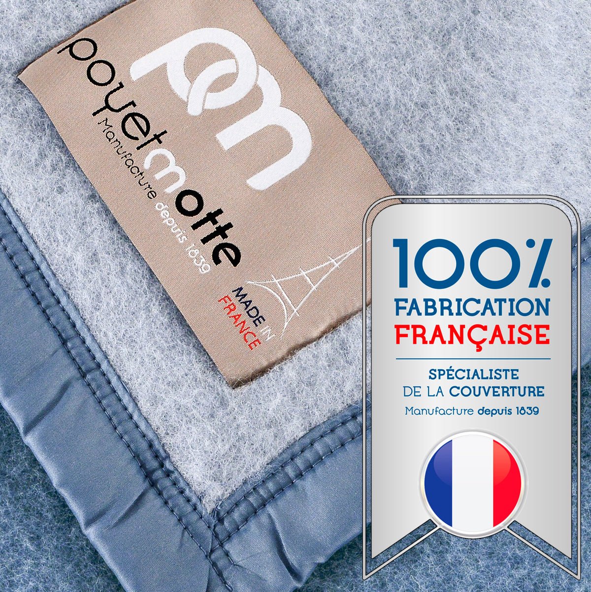 Poyet Motte Aubisque Reversible 500GSM Heavyweight 100% Wool Blanket, Blue