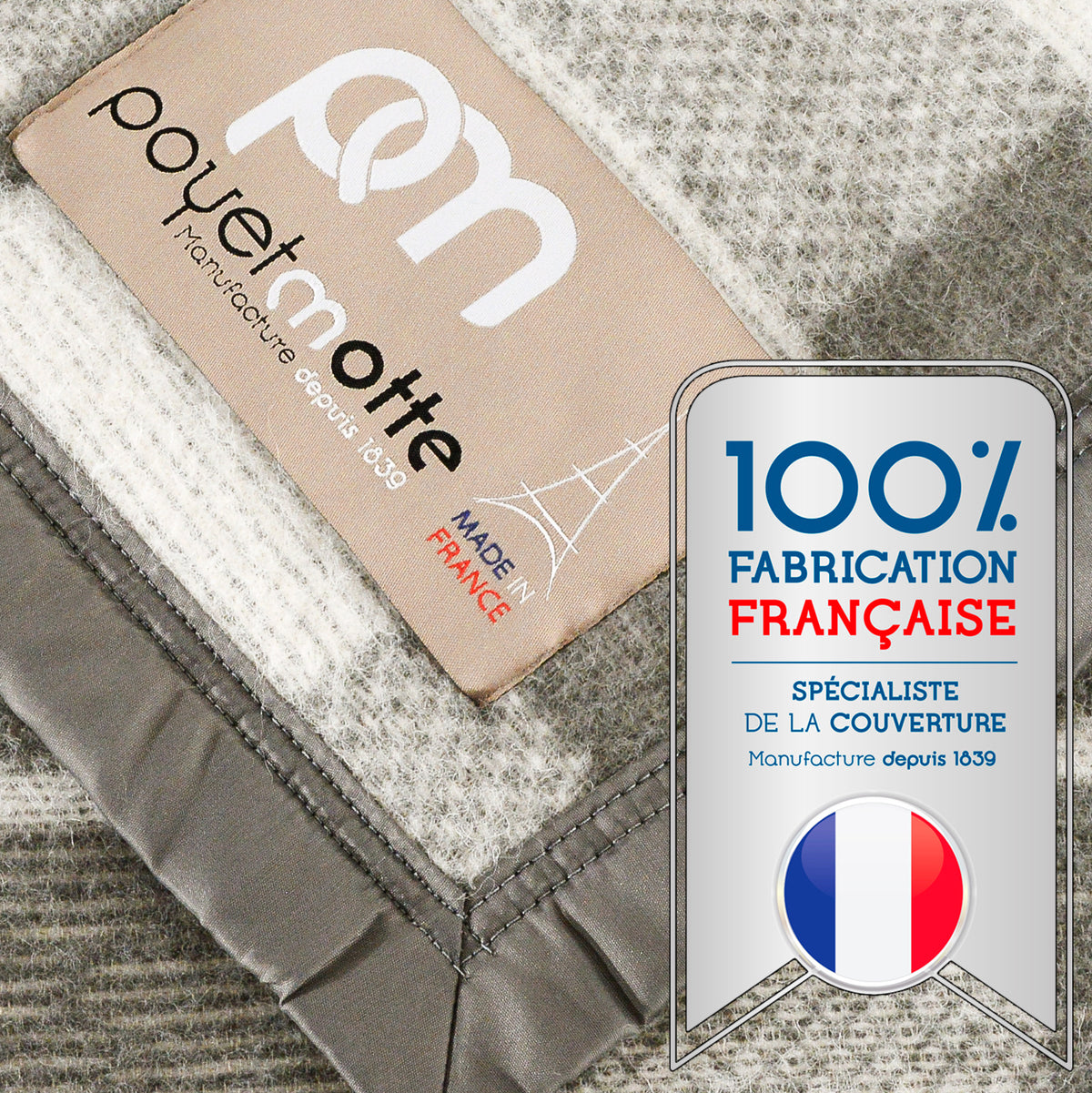 Poyet Motte Rivoli/Elysee 400GSM Mid-Weight 100% Virgin Wool Blanket, Grey/Natural