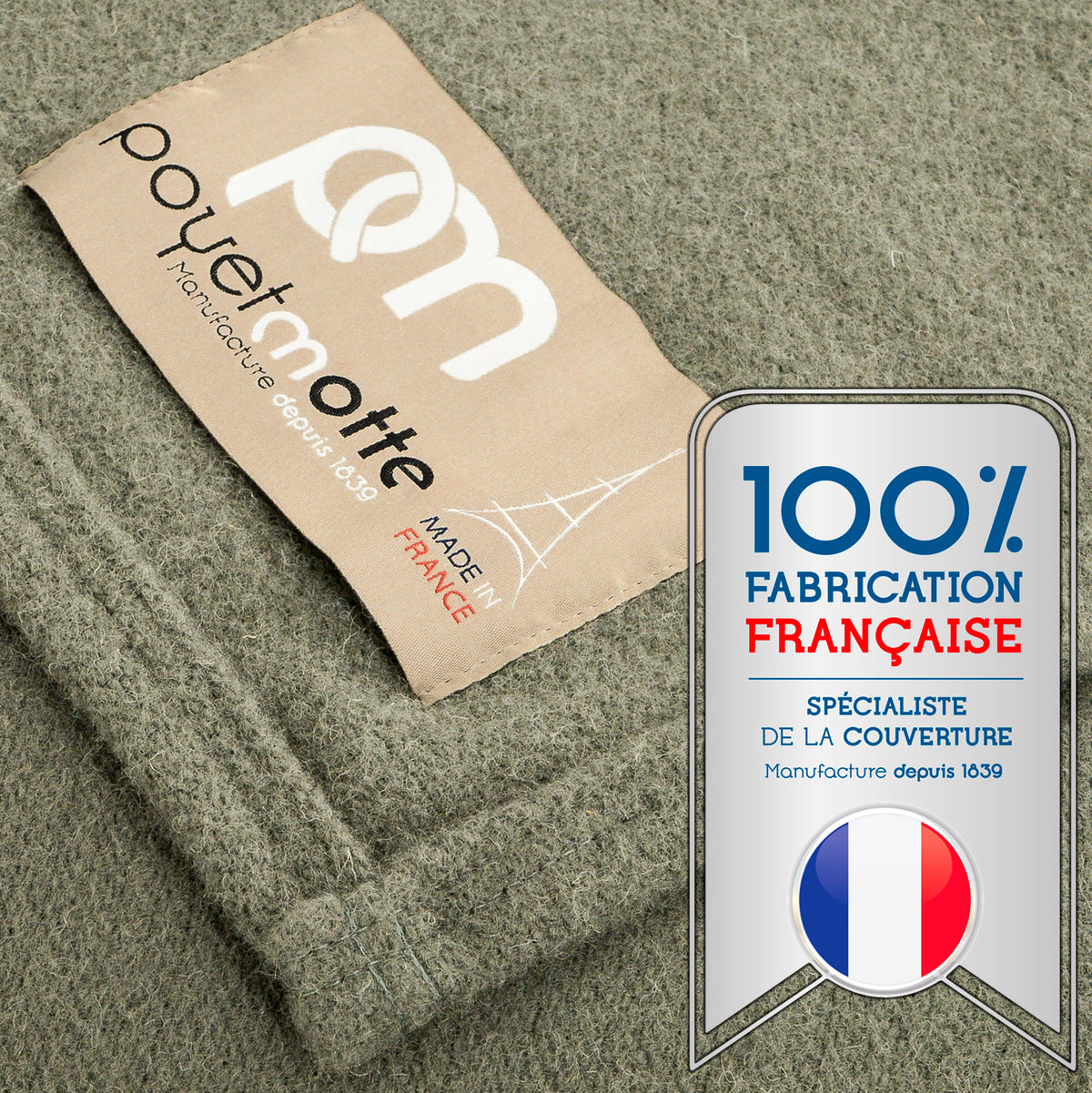 Poyet Motte Antibes 350GSM Lightweight 100-Percent Virgin Wool Blanket, Olive Grey